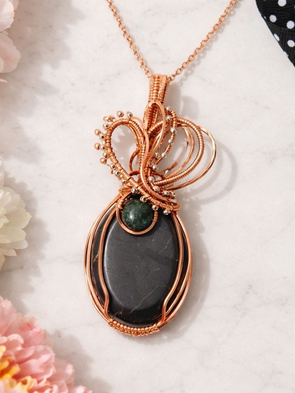 Handcrafted Copper Wire Wrapped Shungite Pendant Necklace, Green Turquise Stone